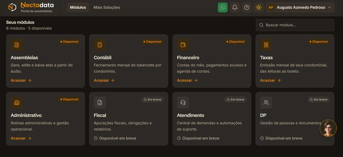 Tela inicial do portal Nectadata com os módulos Assembleias, Contábil, Financeiro, Taxas e Administrativo disponíveis, e Fiscal, Atendimento e DP em breve